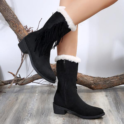 Women's Casual Tassel Mid-calf Black Cotton Boots 43193901S