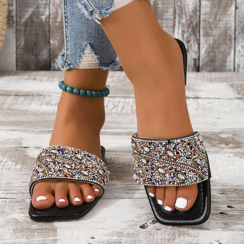 Women's Fashionable Rhinestone Flat Beach Slippers 54070274S