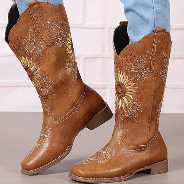 Women's Vintage Embroidered Chunky Heel Long Boots 54607670C