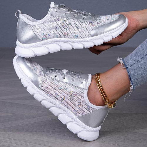 Women's Casual Mesh Glitter Lace-Up Sneakers 55122883S