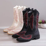 Women's Vintage Embroidered Pointed Toe Chunky Heel Riding Boots 85282741C
