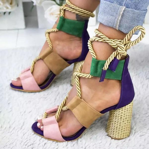 Women's Fish Mouth Colorblock Chunky Heel High Heel Sandals 99675150C