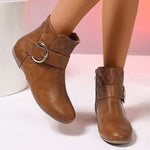 Women's Flat Ankle Boots with Side Zipper and Metal Buckle Strap 90758357C