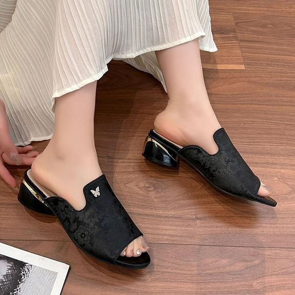 Women's Butterfly Rhinestone Elegant Block Heel Slippers 92366491S