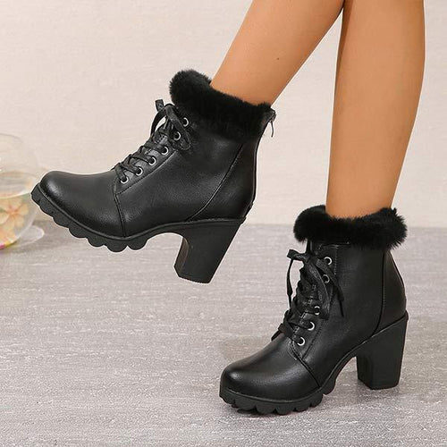 Women's Round-Toe Chunky Heel Lace-Up Faux Fur Ankle Boots 36173194C