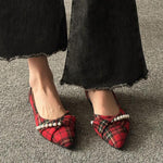 Women's Casual Plaid Pearl Pointed Toe Slip-On Flats 38569047S