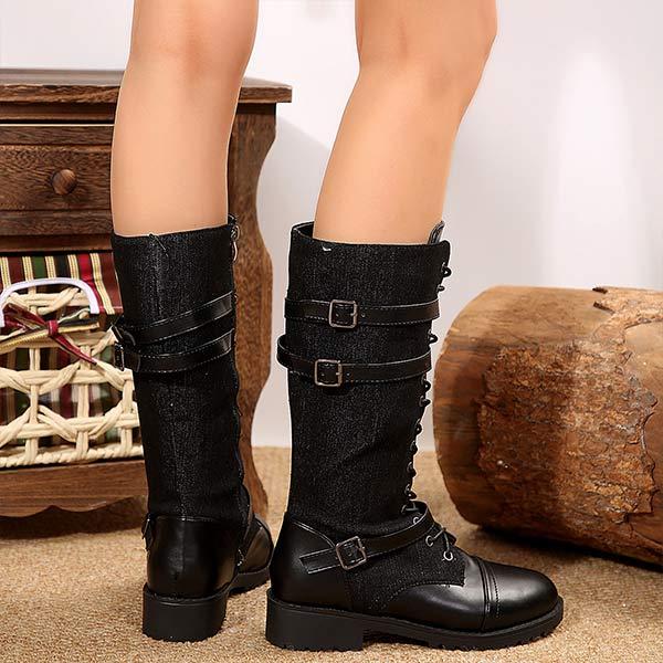 Women's PU Patchwork Denim Lace-Up Knee-High Boots 79900021C