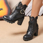 Women's Lace-Up Belt Buckle Block Heel Ankle Boots 02233782C