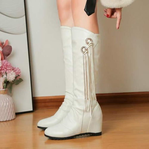 Women's Hidden Wedge Fringe Side-Zip Knee-High Boots 53079028C