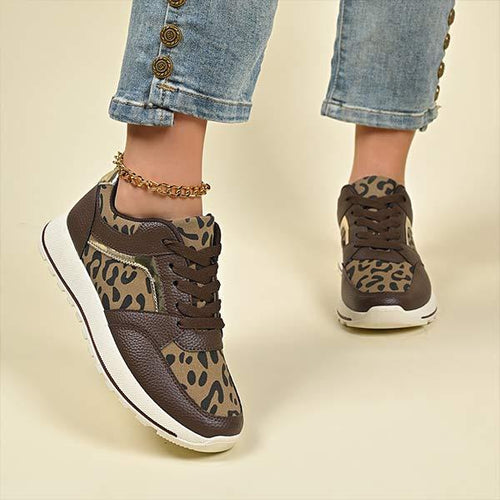 Women's Flat Leopard Print Lace-Up Casual Sneakers 22195217C