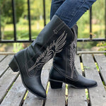 Women's Retro Embroidery Chunky Heel Mid-Calf Boots 93350334S