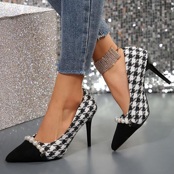 Women's Fashionable Houndstooth Pearl Stiletto Heel Pumps 19311045S