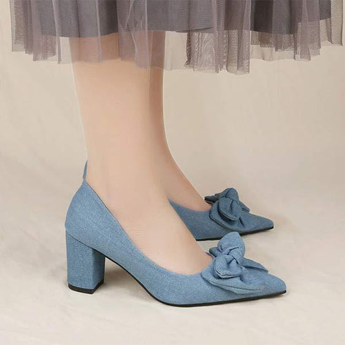 Women's Denim Bow Chunky Heel Shallow Mouth Fashion Shoes 68090884C