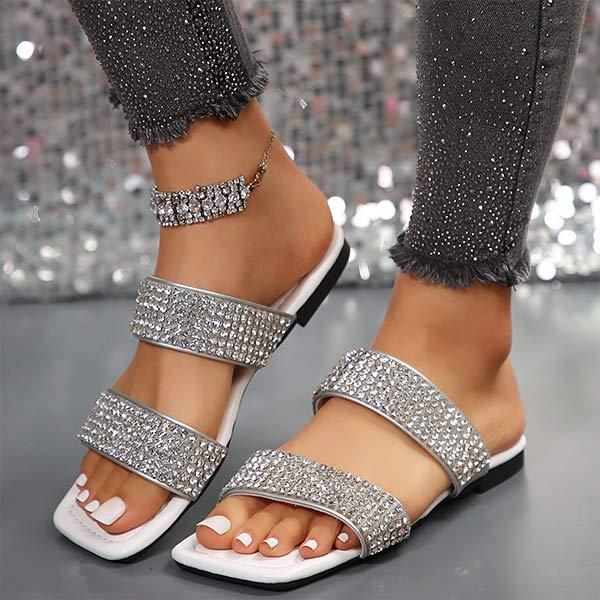 Women's Rhinestone Square Toe Flat Slippers 71112487C