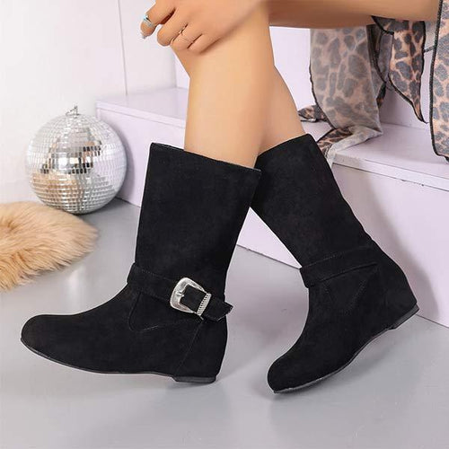 Women's Suede Belt Buckle Mid-Calf Fashion Boots 94546362C