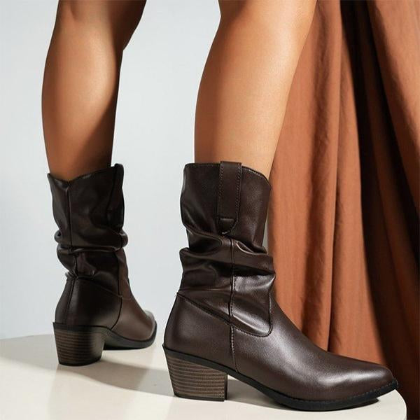 Women's Fashionable Pleated Chunk Heel Mid-calf Boots 07324896S