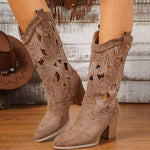 Women's Vintage Embroidered Mid-Calf Chunky Heel Boots 04778684C