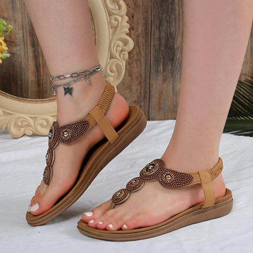 Women's Bohemian Rhinestone Elastic Strap Flat Sandals 36261585S