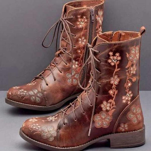 Women's Vintage Embroidered Mid-Calf Martin Boots 28659742S