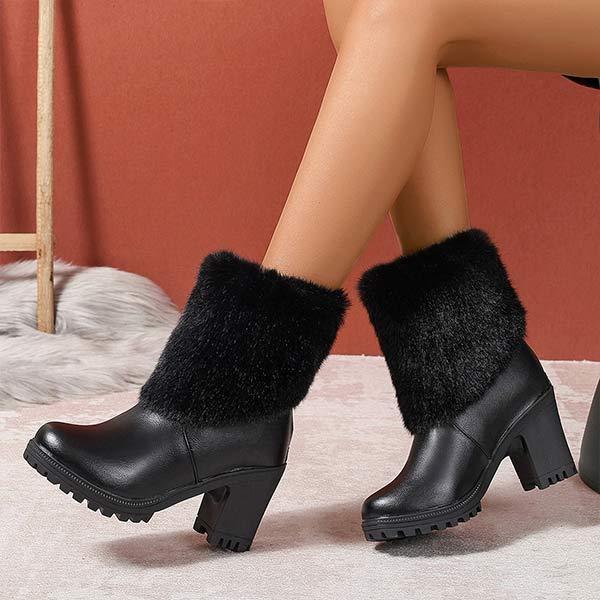 Women's High Heel Chunky Heel Back Zipper Short Boots with Fuzzy Collar 14619724C