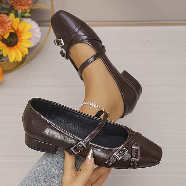 Women's Square Toe Chunky Heel Buckle Strap Flats 25698569C