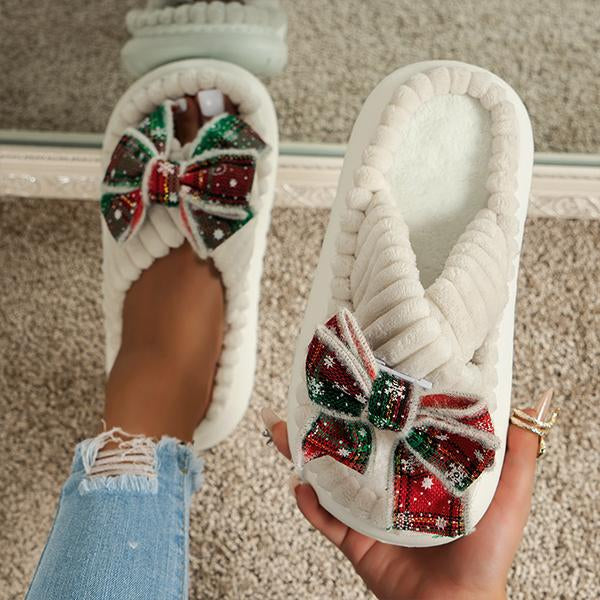 Women’s Casual Christmas Snowflake Bow Plush Slippers 41024355S