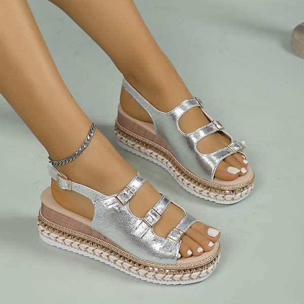 Women's Thick Sole Casual Round Toe Roman Sandals with Belt Buckle 85635344C