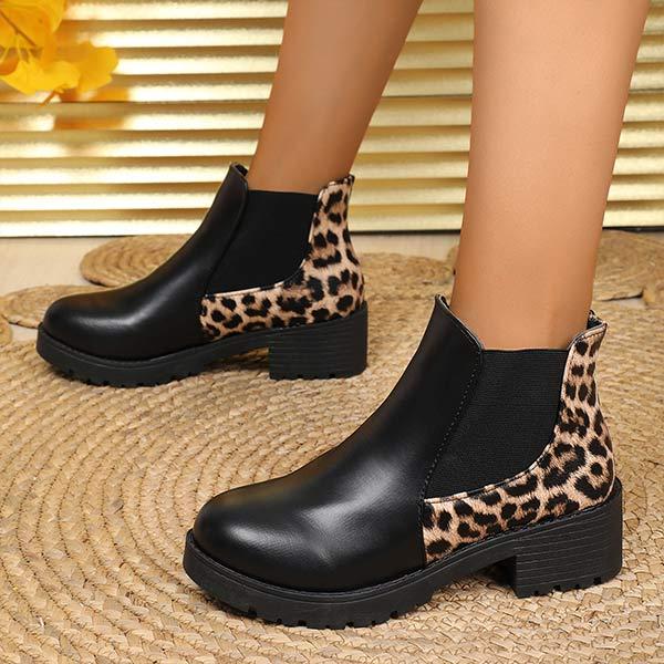 Women's Leopard Print Chunky Heel Short Boots 58764361C