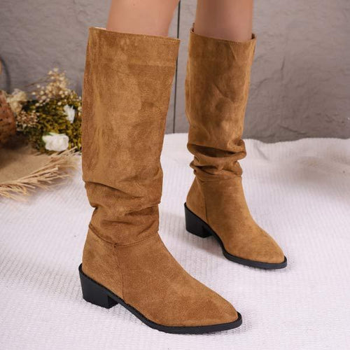 Women's Suede Solid Color Ruched Knee-High Boots 33738376C