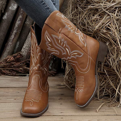 Women's Embroidered Chunky Heel Riding Boots 77036496C