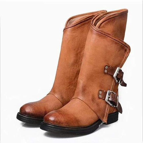 Women's Retro Low Heel Square Heel Belt Buckle Mid Boots 68725483C