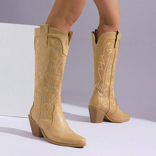 Women's Retro Embroidered Block Heel Western Boots 80853136S