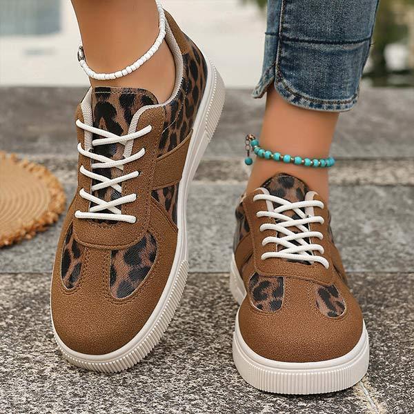 Women's Leopard Print Front Lace-Up Thick-Soled Sneakers 37287835C