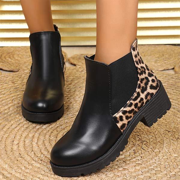 Women's Leopard Print Chunky Heel Short Boots 58764361C