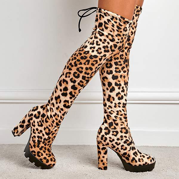 Women's Leopard Print Block Heel Knee-High Boots 31848325C