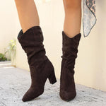 Women's Fashion Pleated Pointed Suede Mid-calf Boots 70318693S