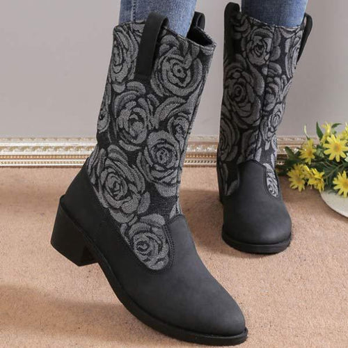 Women's Embroidered Pointed-Toe Mid-Calf Denim Boots 65131167C