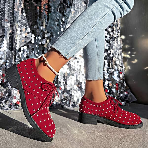 Women's Low-Heeled Metal Rivet Lace-Up Lazy Fashion Shoes 04244857C