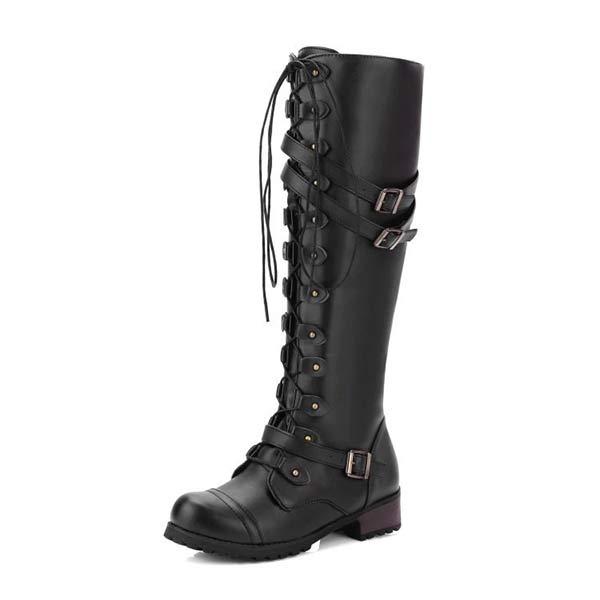 Women's High-Cut Lace-Up Riding Boots with Buckle and Studded Details 92176439C