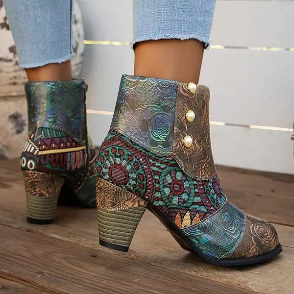 Women's Bohemian Vintage Patchwork High Heel Ankle Boots 47253677C