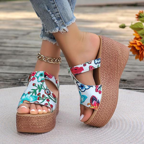 Women's Retro Thick-soled Wedge-heeled Printed Slippers 44837602S