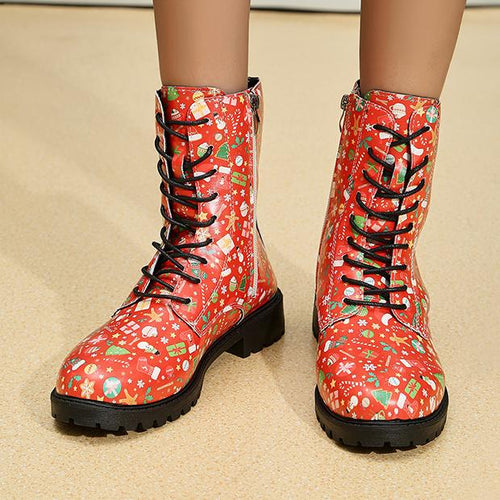 Women's Christmas Style Printed Lace-Up Martin Boots 10650307S