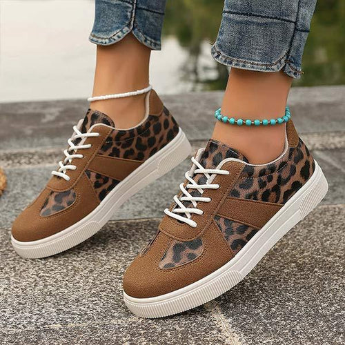 Women's Leopard Print Front Lace-Up Thick-Soled Sneakers 37287835C