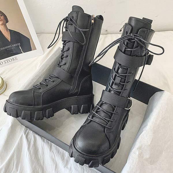 Women's Platform Mid-Calf Chunky Heel Biker Boots 79128940C