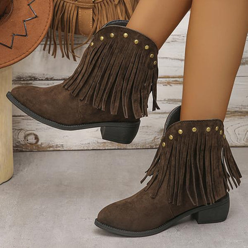 Women's Casual Tassel Studded Thick Heel Suede Short Boots 47105502S