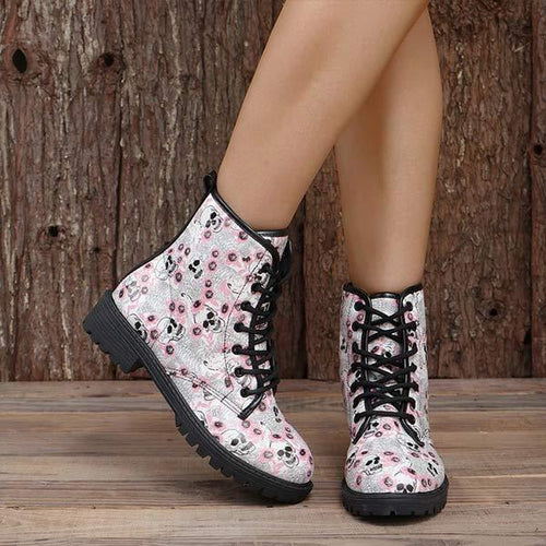 Women's Skull Print Martin Boots with Halloween-Themed Lace-Up Low Heel Ankle Boots 21186042C