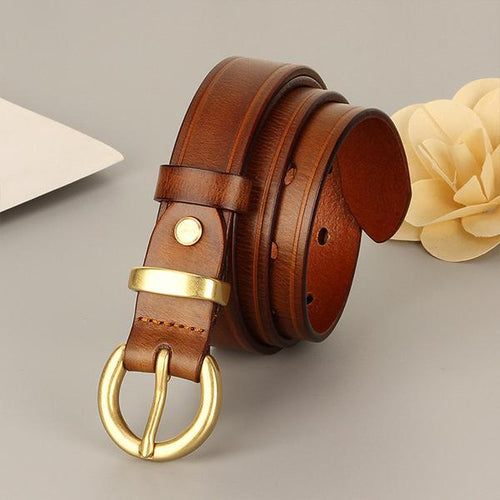 Women's Vintage Pure Copper Round Pin Buckle Leather Belt 97004665C