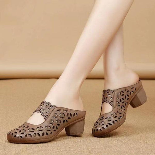 Women's Solid Color Retro Hollow Thick Heel Slippers 40720675C