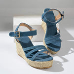 Women's Solid Color Round-Toe Ankle Strap Wedge Sandals 84334723C