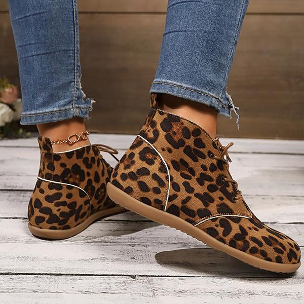 Women's Casual Leopard Lace-Up Flat Ankle Boots 27516532S